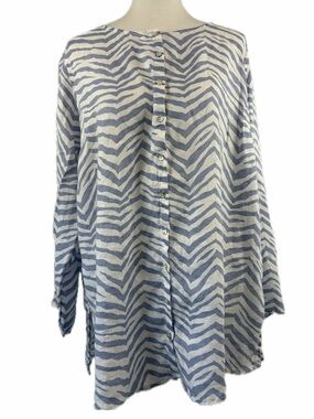 Tahari 100% Linen Zebra Stripe Tunic Top Size 2X Roll Tab Sleeve Coastal Beach